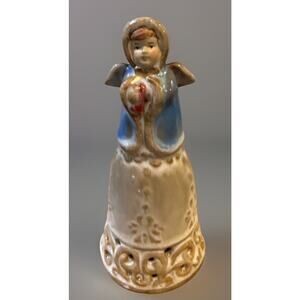 Glazed Clay Pottery 6" Angel Bell Christmas Hand Painted Blue Cape Preowned